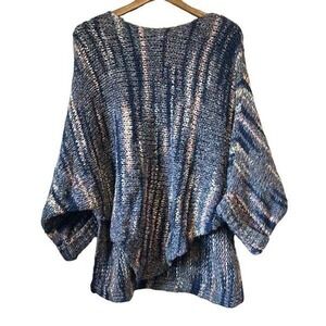 Knit‎ Sweater Oversized Tunic Top Blue Tan Striped Dolman Sleeve Pullover